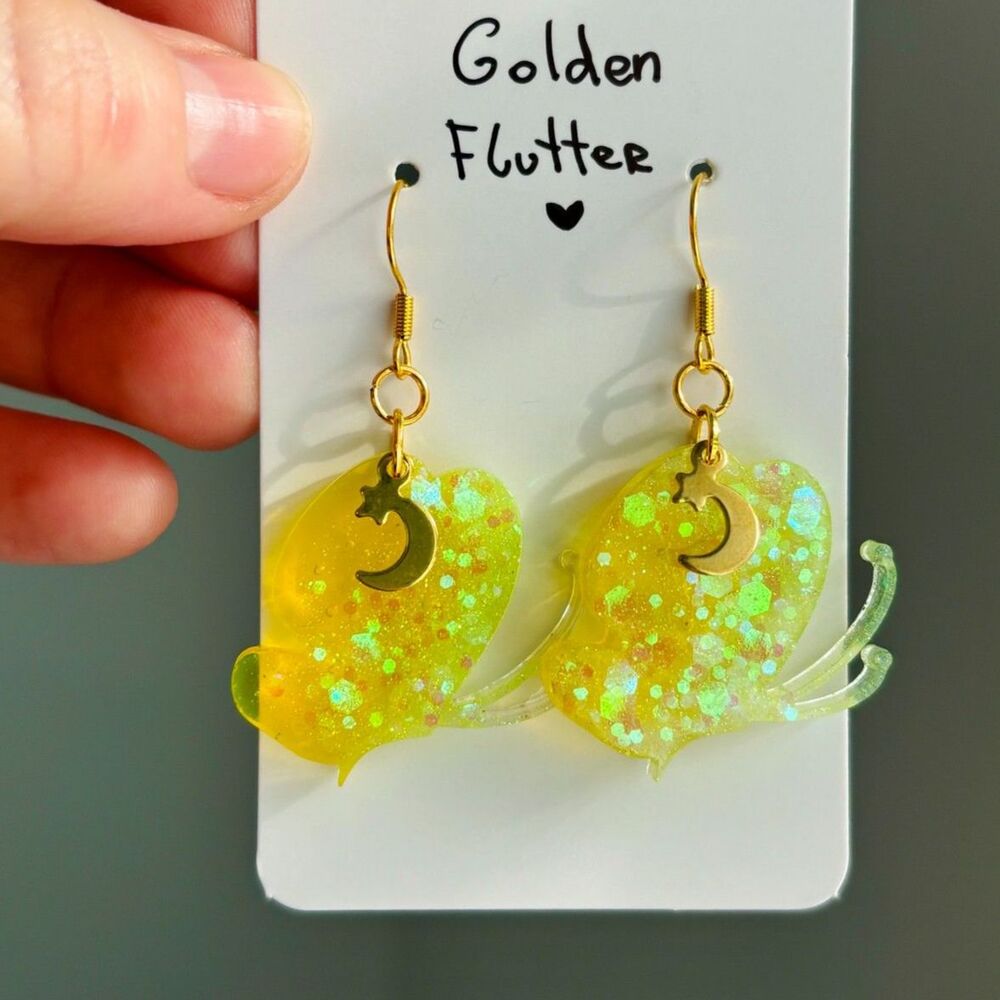 Yellow Butterfly Earrings with Moon Charms, Glitter Resin Dangles, Fairy Jewelry